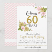 手エレガント花絵を描60番誕生日招待状 招待状 (正面/裏面)