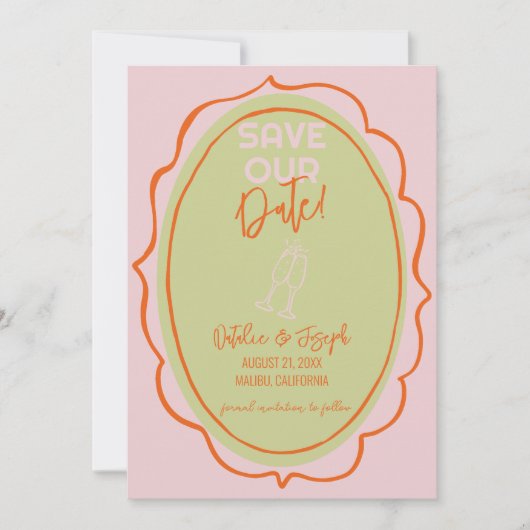 手カラフル図解入りの、写真付きの引き写真結婚の セーブザデート (正面)