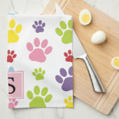 手カラフル型，前柄，犬の手，モノグラム キッチンタオル (四つ折り)