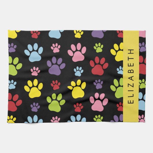 手カラフル型、手の形、犬の手、あなたの名前 キッチンタオル (横)
