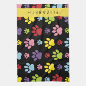 手カラフル型、手の形、犬の手、あなたの名前 キッチンタオル (縦)