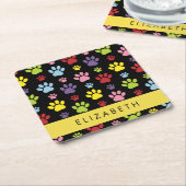 手カラフル型、手の形、犬の手、あなたの名前 スクエアペーパーコースター (アングル)