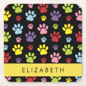 手カラフル型、手の形、犬の手、あなたの名前 スクエアペーパーコースター (正面)