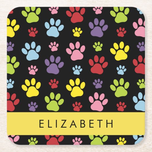 手カラフル型、手の形、犬の手、あなたの名前 スクエアペーパーコースター (正面)
