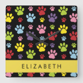 手カラフル型、手の形、犬の手、あなたの名前 スクエア壁時計 (正面)