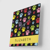 手カラフル型、手の形、犬の手、あなたの名前 スクエア壁時計 (傾斜)