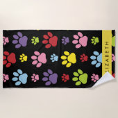 手カラフル型、手の形、犬の手、あなたの名前 ビーチタオル (正面)