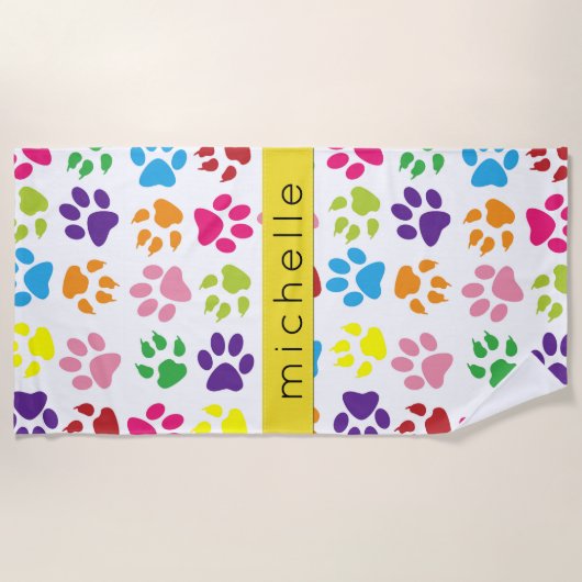 手カラフル型、手の形、犬の手、あなたの名前 ビーチタオル (正面)