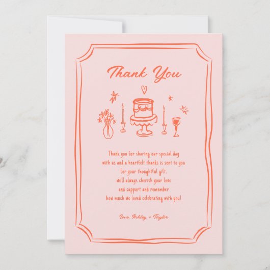 手カラフル引きおもしろいレトロ結婚 サンキューカード (正面)