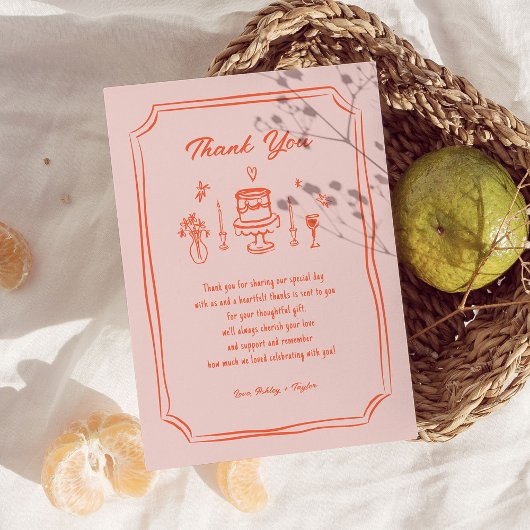 手カラフル引きおもしろいレトロ結婚 サンキューカード