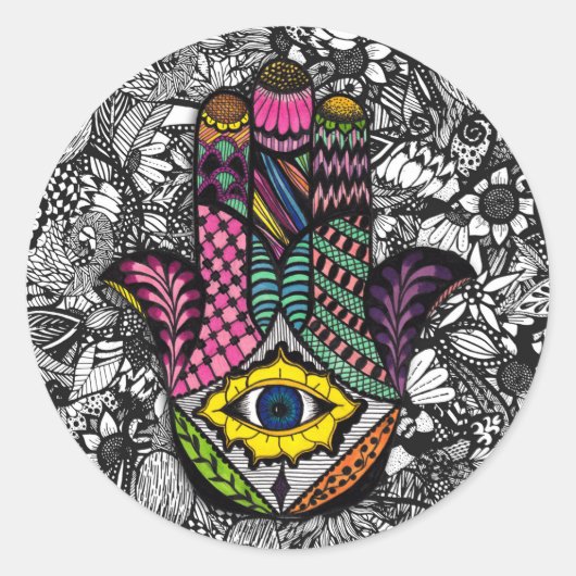 手カラフル引きハンサハンドアンフローラスケッチ ラウンドシール (正面)