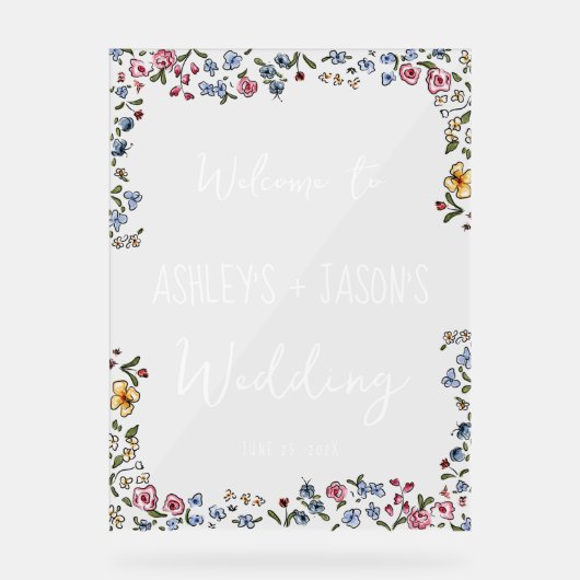 手カラフル引き花結婚の歓迎サイン アクリルサイン (正面)