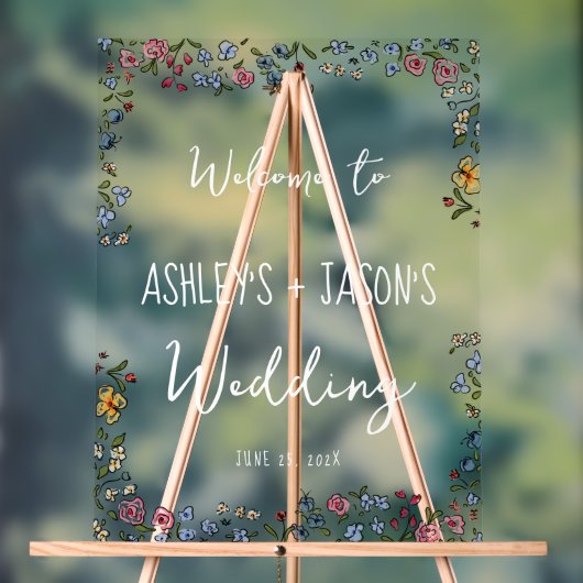 手カラフル引き花結婚の歓迎サイン アクリルサイン (ニュートラル)