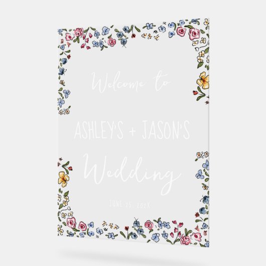 手カラフル引き花結婚の歓迎サイン アクリルサイン (傾斜)