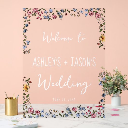 手カラフル引き花結婚の歓迎サイン アクリルサイン (ウェディング)