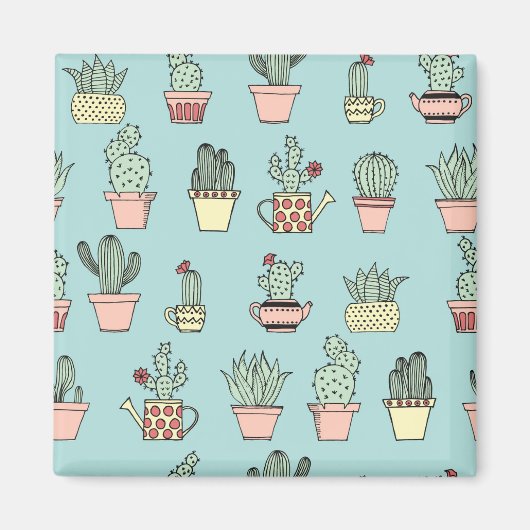 手カラフル描きスタイル柄のかわいいサボテン マグネット (正面)