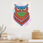 手カラフル絵を描梟 ポスター (キッチン)