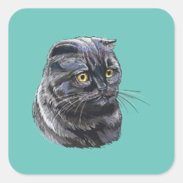 手スケッチおもしろいふわふわ黒毛色のブリティッシュ猫。 スクエアシール