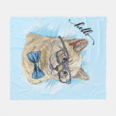 手スケッチおもしろいイギリス猫メガネ フリースブランケット (正面(横))