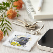 手スケッチおもしろいブラックブリティッシュ猫（花あり） キーホルダー (正面右)