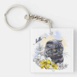 手スケッチおもしろいブラックブリティッシュ猫（花あり） キーホルダー