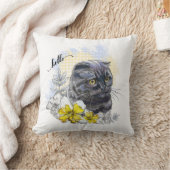 手スケッチおもしろいブラックブリティッシュ猫（花あり） クッション (ブランケット)