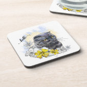 手スケッチおもしろいブラックブリティッシュ猫（花あり） コースター (左側)