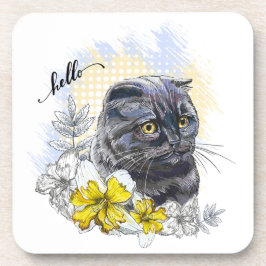 手スケッチおもしろいブラックブリティッシュ猫（花あり） コースター