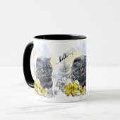 手スケッチおもしろいブラックブリティッシュ猫(花あり) マグカップ (正面左)