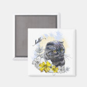 手スケッチおもしろいブラックブリティッシュ猫（花あり） マグネット (正面/裏面)