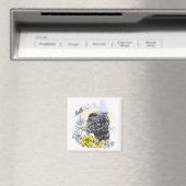 手スケッチおもしろいブラックブリティッシュ猫（花あり） マグネット (インサイチュ (食洗機))