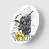 手スケッチおもしろいブラックブリティッシュ猫（花あり） ラウンド壁時計 (傾斜)