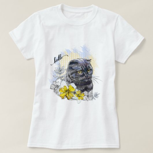 手スケッチおもしろいブラックブリティッシュ猫（花あり） Tシャツ (デザイン正面)