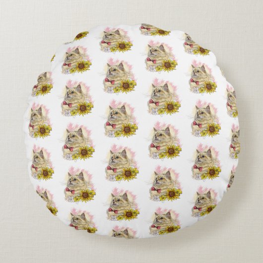 手スケッチおもしろい赤いラグドールの花付き猫 ラウンドクッション (正面)