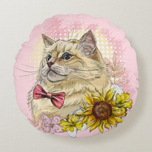 手スケッチおもしろい赤いラグドールの花付き猫 ラウンドクッション (正面)