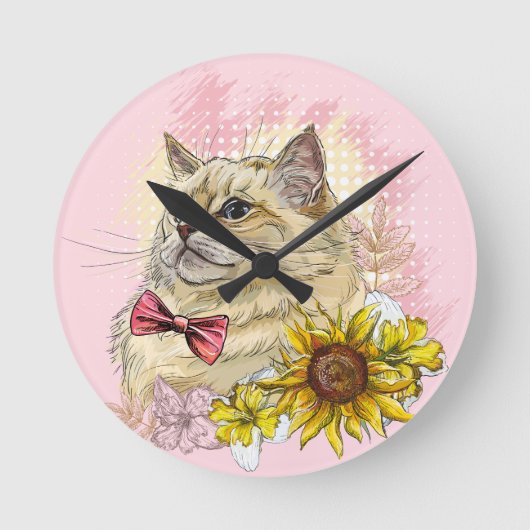 手スケッチおもしろい赤いラグドールの花付き猫 ラウンド壁時計 (正面)