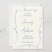 手スケッチの波状の線ティール(緑がかった色)結婚青 セーブザデート (正面)