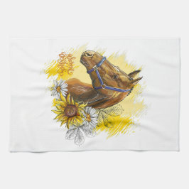 手スケッチの馬と植物と花 キッチンタオル