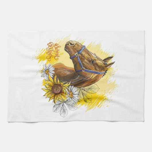 手スケッチの馬と植物と花 キッチンタオル (横)