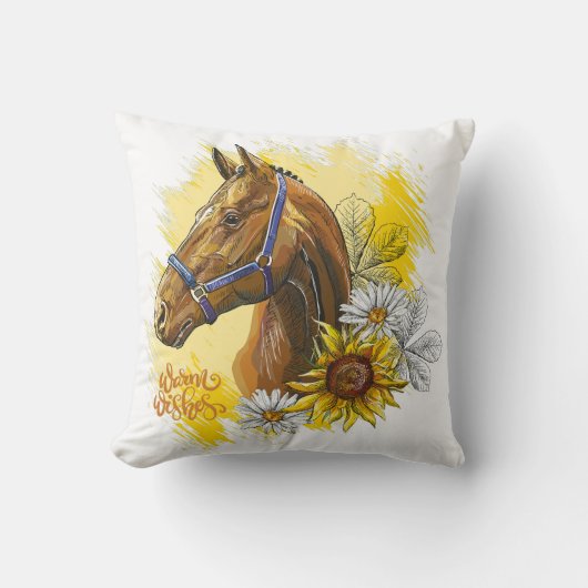 手スケッチの馬と植物と花 クッション (正面)