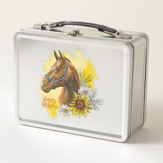 手スケッチの馬と植物と花 メタルランチボックス (正面)