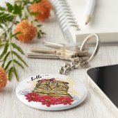 手スケッチスコティッシュフォールド猫と赤い花 キーホルダー (側面)