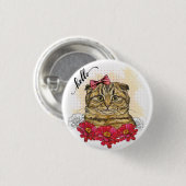 手スケッチスコティッシュフォールド猫と赤い花 缶バッジ (正面&裏面)