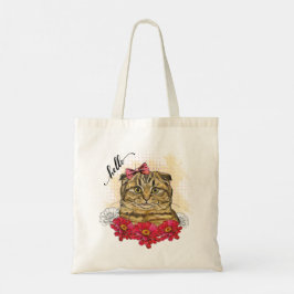 手スケッチスコティッシュフォールド猫(赤い花) トートバッグ