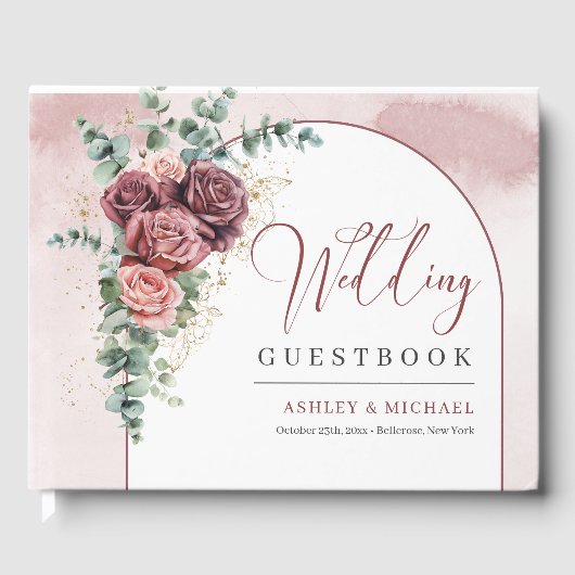 手スケッチブルゴーニュフローラアーチ結婚金ゴールド ゲストブック (正面)