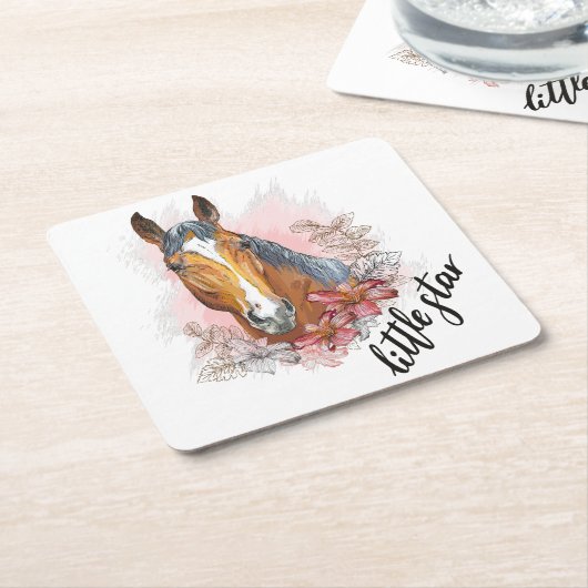 手スケッチ馬と植物と花Tシャツ スクエアペーパーコースター (アングル)