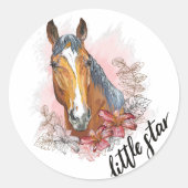 手スケッチ馬と植物と花Tシャツ ラウンドシール (正面)