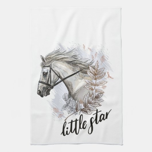 手スケッチ馬と植物エプロン キッチンタオル (縦)