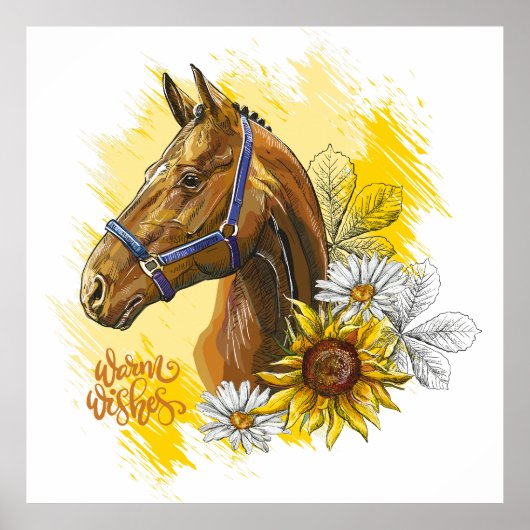手スケッチ馬の植物と花を投げる ポスター (正面)