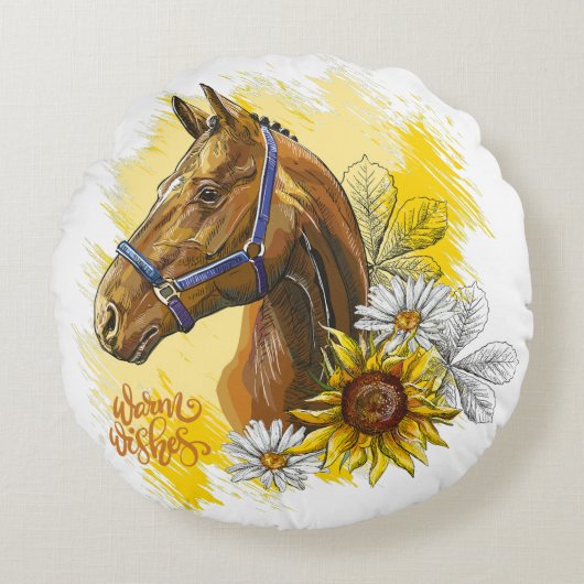 手スケッチ馬の植物と花を投げる ラウンドクッション (正面)